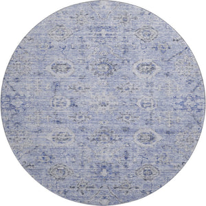 HomeRoots 8' Stylish Blue Gray & Silver Damask Washable Round Rug with UV Protection for Indoor & Outdoor Use 684579
