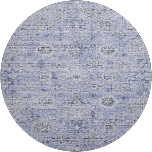 HomeRoots 8' Stylish Blue Gray & Silver Damask Washable Round Rug with UV Protection for Indoor & Outdoor Use 684579