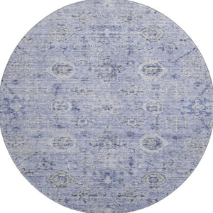 HomeRoots 8' Stylish Blue Gray & Silver Damask Washable Round Rug with UV Protection for Indoor & Outdoor Use 684579