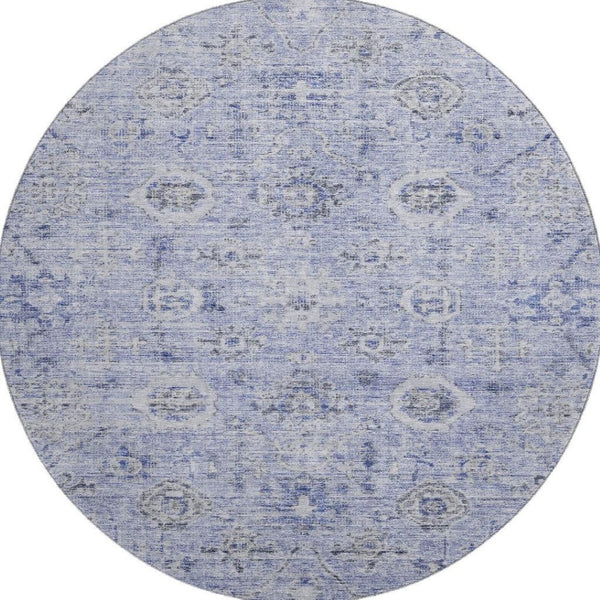 HomeRoots 8' Stylish Blue Gray & Silver Damask Washable Round Rug with UV Protection for Indoor & Outdoor Use 684579