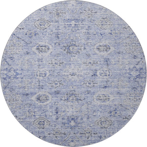 HomeRoots 8' Stylish Blue Gray & Silver Damask Washable Round Rug with UV Protection for Indoor & Outdoor Use 684579