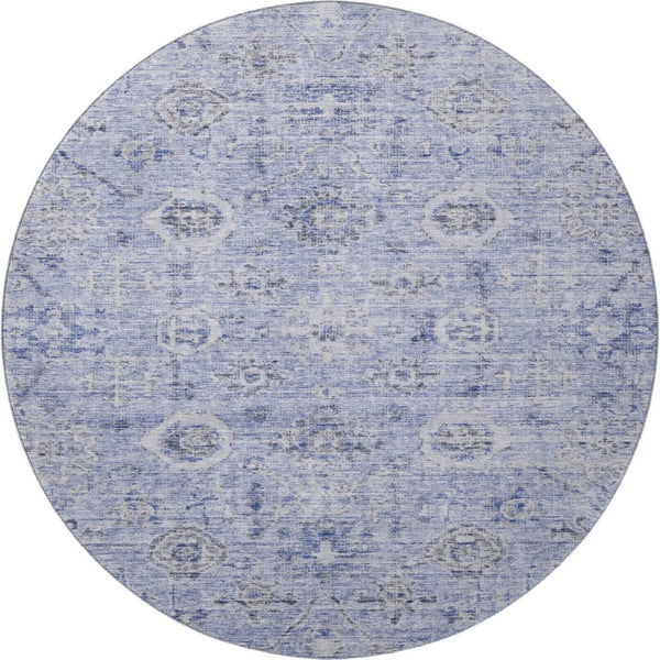 HomeRoots 8' Stylish Blue Gray & Silver Damask Washable Round Rug with UV Protection for Indoor & Outdoor Use 684579
