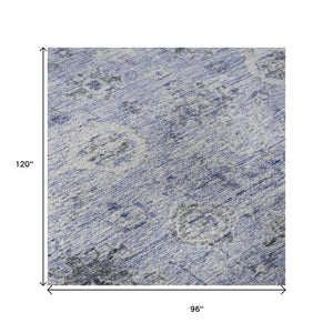 HomeRoots 8' X 10' Elegant Blue Gray & Silver Damask Area Rug - Washable, Stain Resistant, UV Protected Design 684580