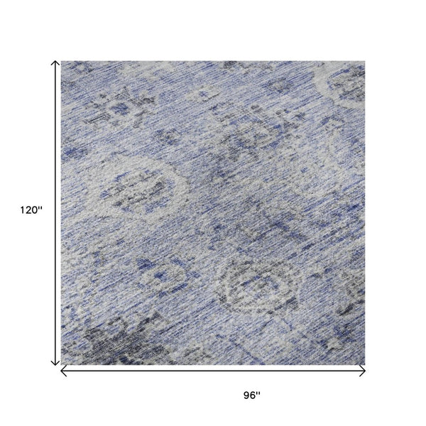 HomeRoots 8' X 10' Elegant Blue Gray & Silver Damask Area Rug - Washable, Stain Resistant, UV Protected Design 684580