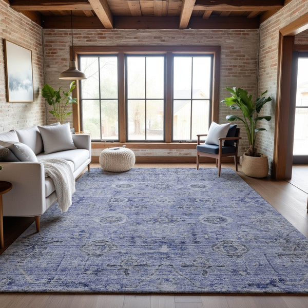 HomeRoots 10' X 14' Blue Gray Silver Damask Area Rug - Washable, Stain-Resistant, UV-Protected for Durability 684582