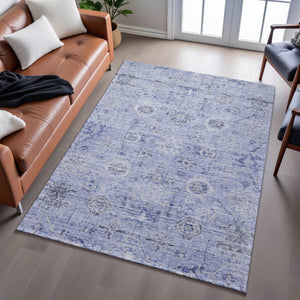 HomeRoots 10' X 14' Blue Gray Silver Damask Area Rug - Washable, Stain-Resistant, UV-Protected for Durability 684582