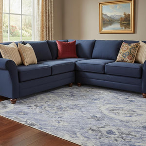 HomeRoots 10' X 14' Blue Gray Silver Damask Area Rug - Washable, Stain-Resistant, UV-Protected for Durability 684582