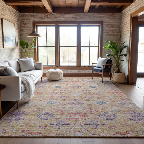 HomeRoots 5' X 8' Damask Area Rug in Orange, Purple & Beige – Washable, UV Protected & Stain Resistant Decor 684584