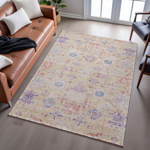HomeRoots 5' X 8' Damask Area Rug in Orange, Purple & Beige – Washable, UV Protected & Stain Resistant Decor 684584