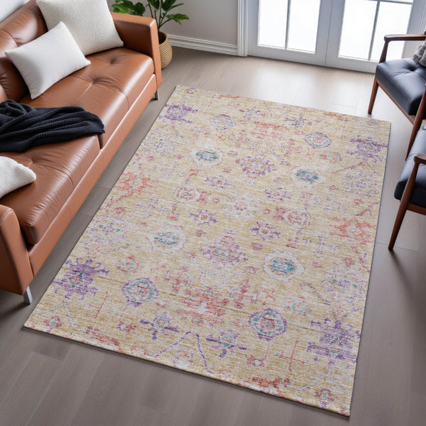 HomeRoots 5' X 8' Damask Area Rug in Orange, Purple & Beige – Washable, UV Protected & Stain Resistant Decor 684584