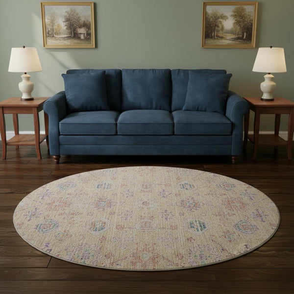 HomeRoots 8' Washable Round Rug in Orange, Purple & Beige Damask – UV Protected, Durable & Stylish Design 684585