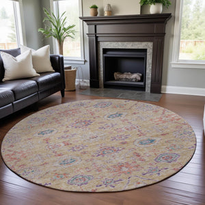 HomeRoots 8' Washable Round Rug in Orange, Purple & Beige Damask – UV Protected, Durable & Stylish Design 684585