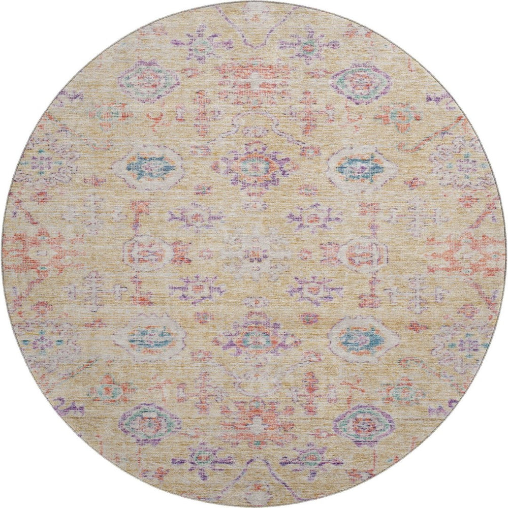 HomeRoots 8' Washable Round Rug in Orange, Purple & Beige Damask – UV Protected, Durable & Stylish Design 684585
