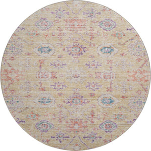HomeRoots 8' Washable Round Rug in Orange, Purple & Beige Damask – UV Protected, Durable & Stylish Design 684585