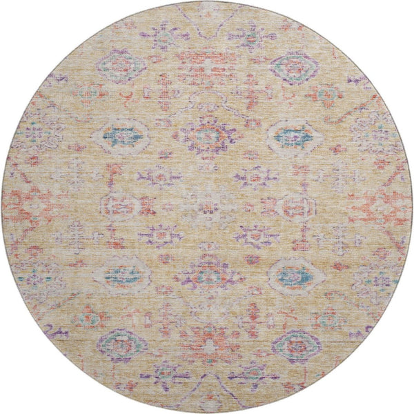 HomeRoots 8' Washable Round Rug in Orange, Purple & Beige Damask – UV Protected, Durable & Stylish Design 684585