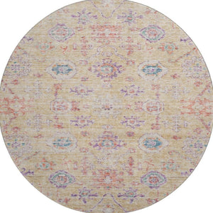 HomeRoots 8' Washable Round Rug in Orange, Purple & Beige Damask – UV Protected, Durable & Stylish Design 684585