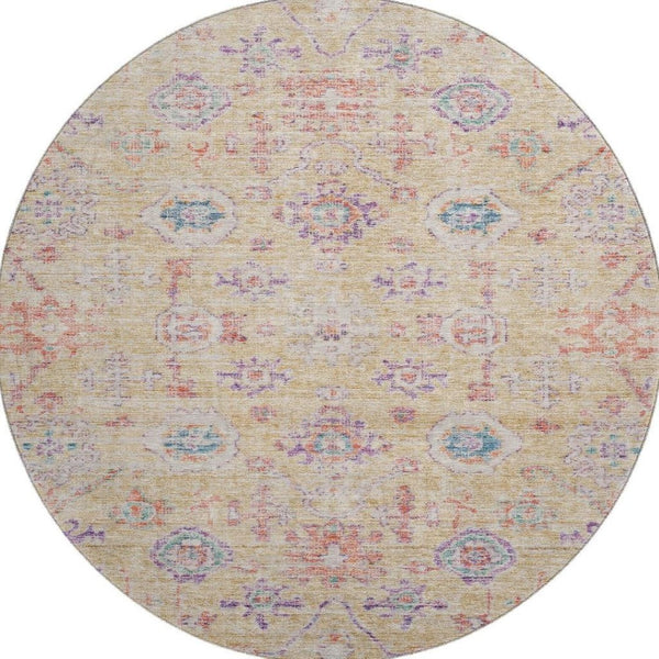 HomeRoots 8' Washable Round Rug in Orange, Purple & Beige Damask – UV Protected, Durable & Stylish Design 684585