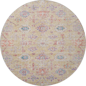 HomeRoots 8' Washable Round Rug in Orange, Purple & Beige Damask – UV Protected, Durable & Stylish Design 684585