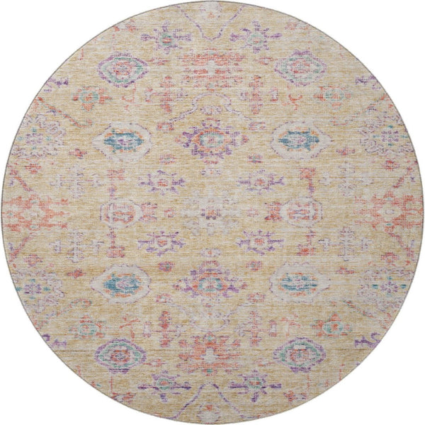 HomeRoots 8' Washable Round Rug in Orange, Purple & Beige Damask – UV Protected, Durable & Stylish Design 684585