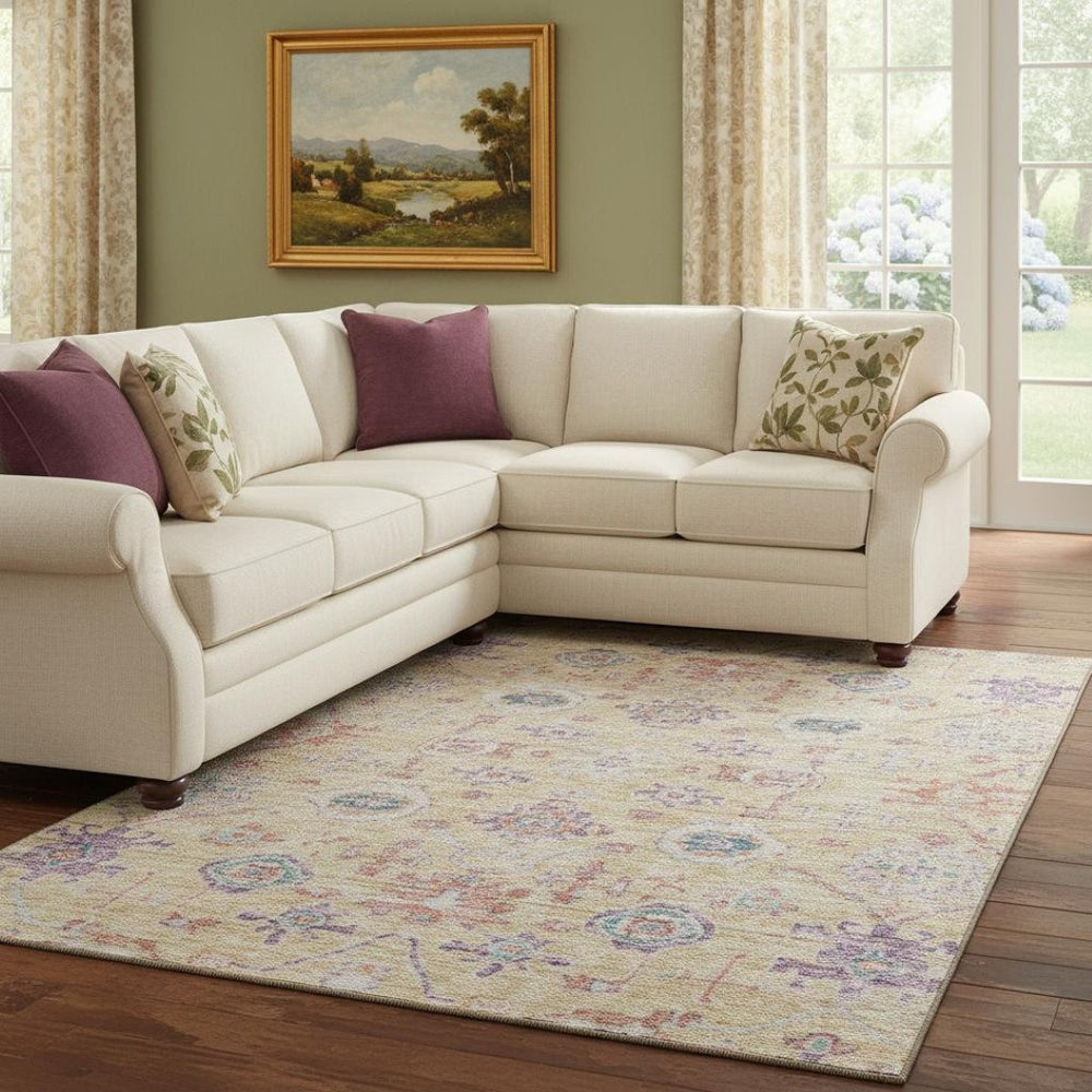 HomeRoots 10' Washable Damask Area Rug in Orange, Purple & Beige - UV Protected, Stain Resistant, Durable Design 684588