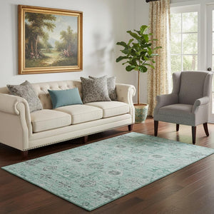 HomeRoots 5' X 8' Teal Silver Gray Damask Washable Area Rug - Stylish, Durable & UV Protected for Homes 684590