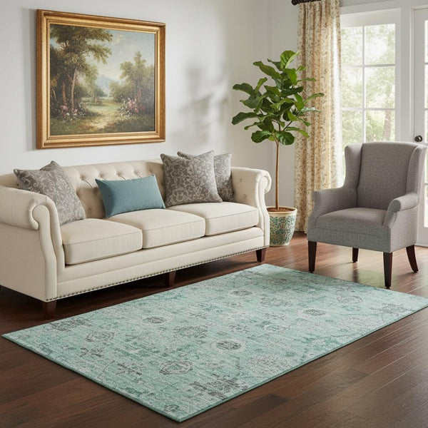 HomeRoots 5' X 8' Teal Silver Gray Damask Washable Area Rug - Stylish, Durable & UV Protected for Homes 684590