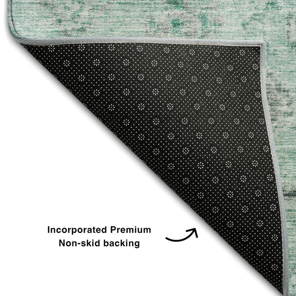 HomeRoots 5' X 8' Teal Silver Gray Damask Washable Area Rug - Stylish, Durable & UV Protected for Homes 684590