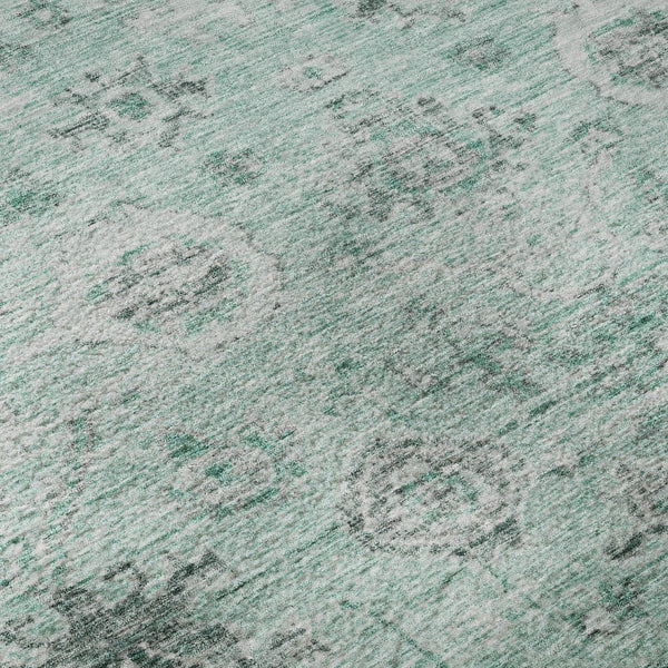HomeRoots 5' X 8' Teal Silver Gray Damask Washable Area Rug - Stylish, Durable & UV Protected for Homes 684590