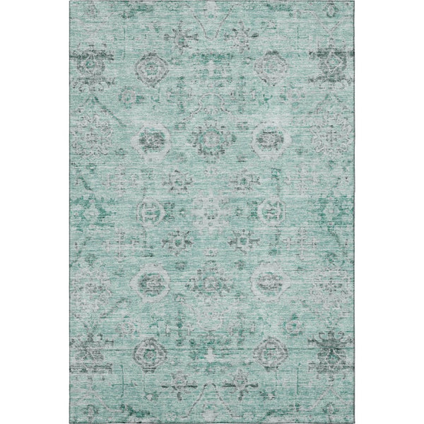 HomeRoots 5' X 8' Teal Silver Gray Damask Washable Area Rug - Stylish, Durable & UV Protected for Homes 684590