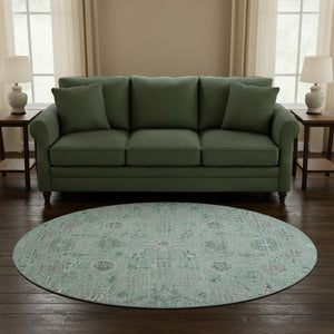 HomeRoots 8' Teal Silver and Gray Damask Washable Round Rug - UV Protected, Stain Resistant, Durable Design 684591