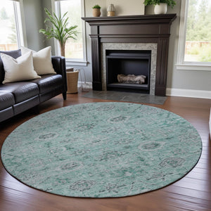 HomeRoots 8' Teal Silver and Gray Damask Washable Round Rug - UV Protected, Stain Resistant, Durable Design 684591