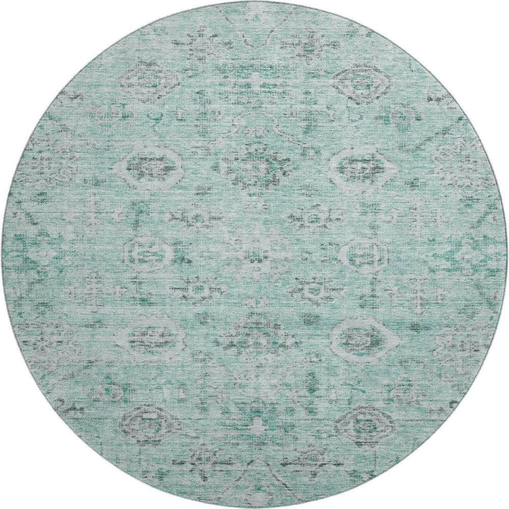 HomeRoots 8' Teal Silver and Gray Damask Washable Round Rug - UV Protected, Stain Resistant, Durable Design 684591