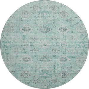 HomeRoots 8' Teal Silver and Gray Damask Washable Round Rug - UV Protected, Stain Resistant, Durable Design 684591