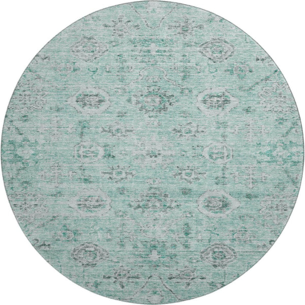 HomeRoots 8' Teal Silver and Gray Damask Washable Round Rug - UV Protected, Stain Resistant, Durable Design 684591
