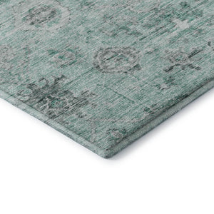 HomeRoots 8' Teal Silver and Gray Damask Washable Round Rug - UV Protected, Stain Resistant, Durable Design 684591