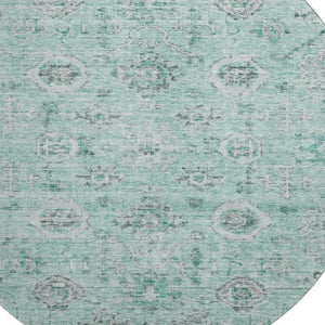 HomeRoots 8' Teal Silver and Gray Damask Washable Round Rug - UV Protected, Stain Resistant, Durable Design 684591