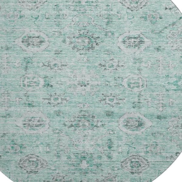 HomeRoots 8' Teal Silver and Gray Damask Washable Round Rug - UV Protected, Stain Resistant, Durable Design 684591