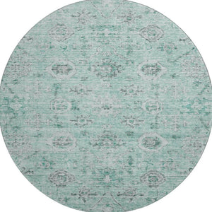 HomeRoots 8' Teal Silver and Gray Damask Washable Round Rug - UV Protected, Stain Resistant, Durable Design 684591