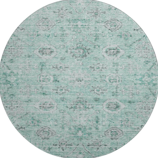 HomeRoots 8' Teal Silver and Gray Damask Washable Round Rug - UV Protected, Stain Resistant, Durable Design 684591