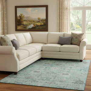 HomeRoots 8' X 10' Elegant Teal Silver Gray Damask Area Rug - Washable, UV Protected, Perfect for High-Traffic Areas 684592