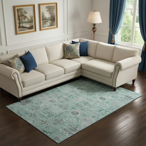 HomeRoots 9' X 12' Teal Silver Gray Damask Washable Area Rug - Durable, Stain-Resistant & UV Protected Design 684593