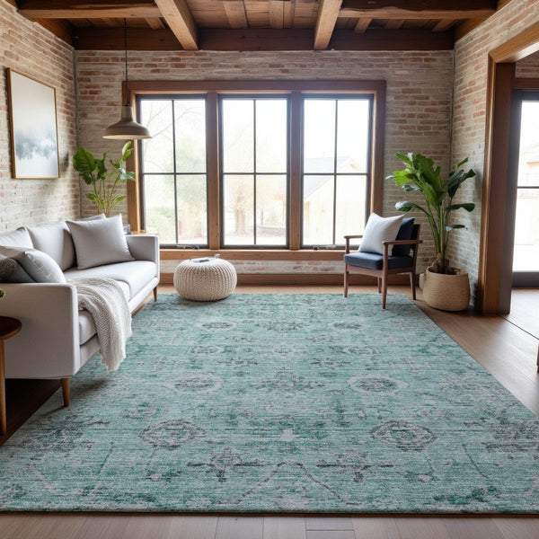 HomeRoots 9' X 12' Teal Silver Gray Damask Washable Area Rug - Durable, Stain-Resistant & UV Protected Design 684593