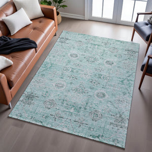 HomeRoots 9' X 12' Teal Silver Gray Damask Washable Area Rug - Durable, Stain-Resistant & UV Protected Design 684593