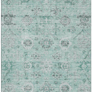 HomeRoots 9' X 12' Teal Silver Gray Damask Washable Area Rug - Durable, Stain-Resistant & UV Protected Design 684593