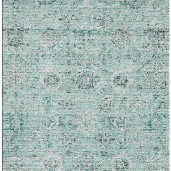 HomeRoots 9' X 12' Teal Silver Gray Damask Washable Area Rug - Durable, Stain-Resistant & UV Protected Design 684593