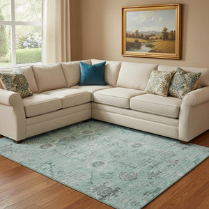 HomeRoots 10' X 14' Teal, Silver & Gray Damask Area Rug - Washable, Stain-Resistant, UV Protected Elegance 684594