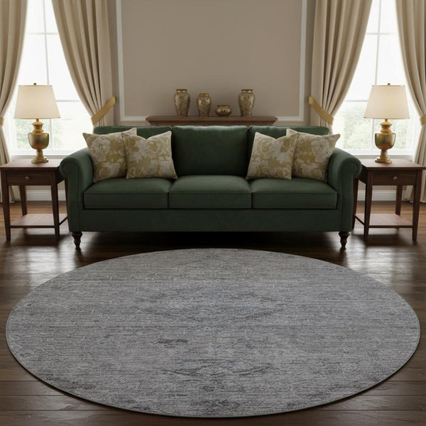 HomeRoots 8' Blue and Gray Medallion Round Rug - Washable, UV-Protected, Stain-Resistant for Easy Care & Style 684597