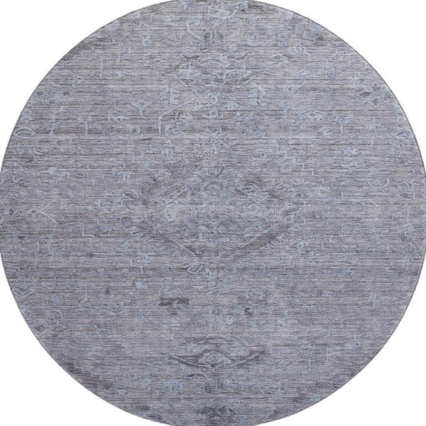 HomeRoots 8' Blue and Gray Medallion Round Rug - Washable, UV-Protected, Stain-Resistant for Easy Care & Style 684597