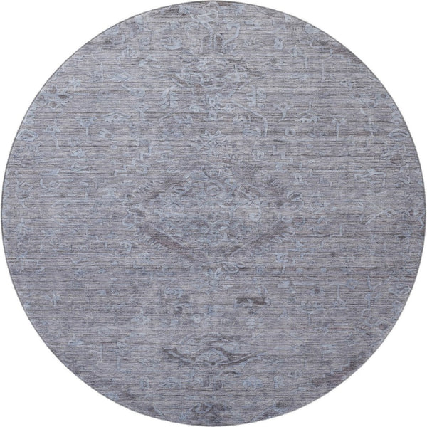 HomeRoots 8' Blue and Gray Medallion Round Rug - Washable, UV-Protected, Stain-Resistant for Easy Care & Style 684597