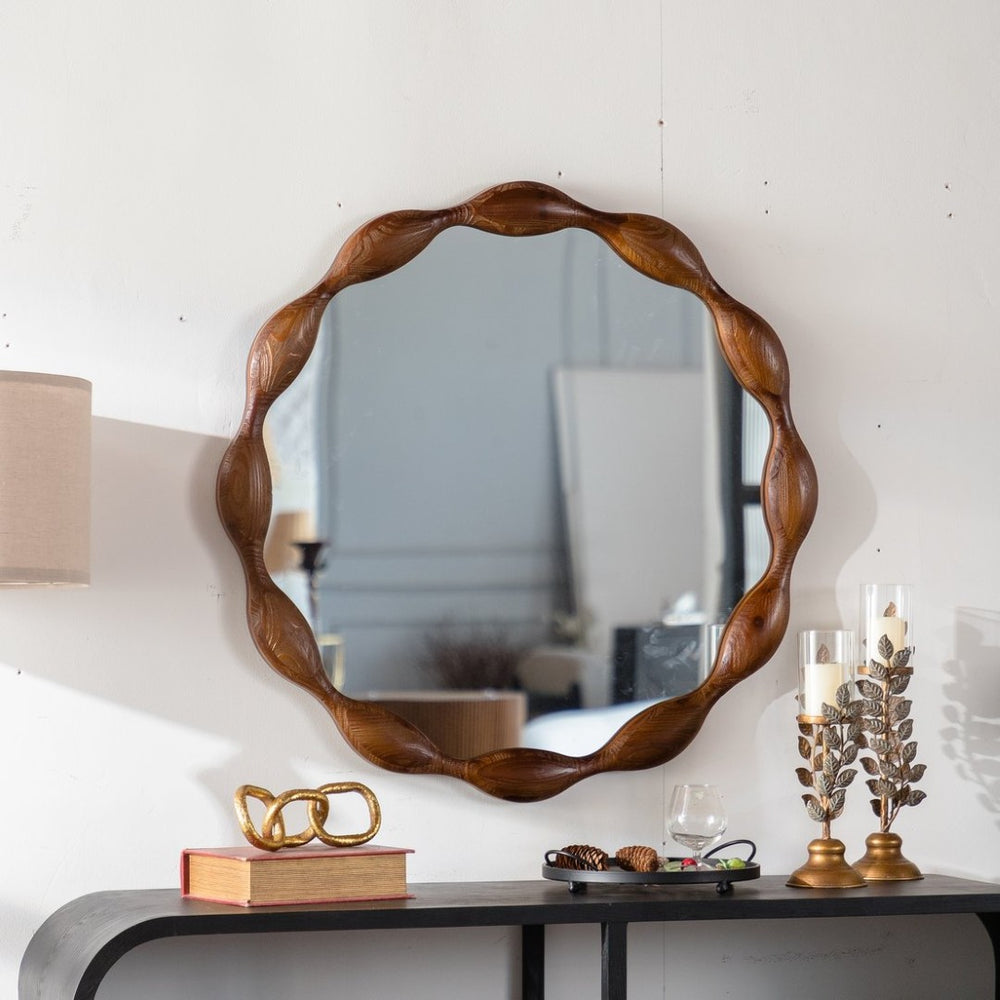English Elm 32.28" Solid Walnut Wavy Frame Round Mirror Organic Silhouette for Entryway or Living Room W3158P390658